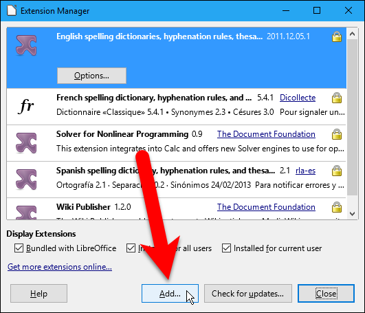 Кнопка Добавить в Диспетчере расширений