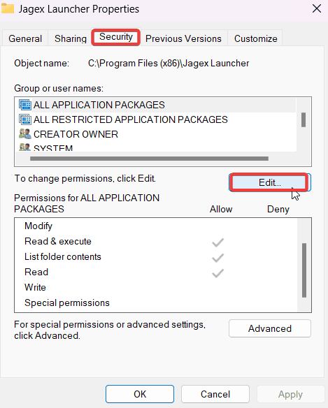 Изменение разрешений в свойствах