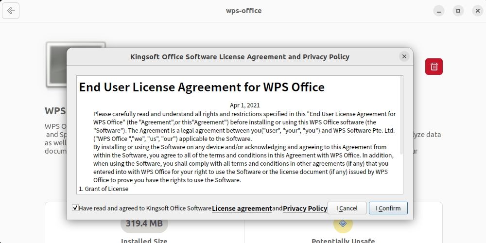 Подтверждение лицензионного соглашения WPS Office