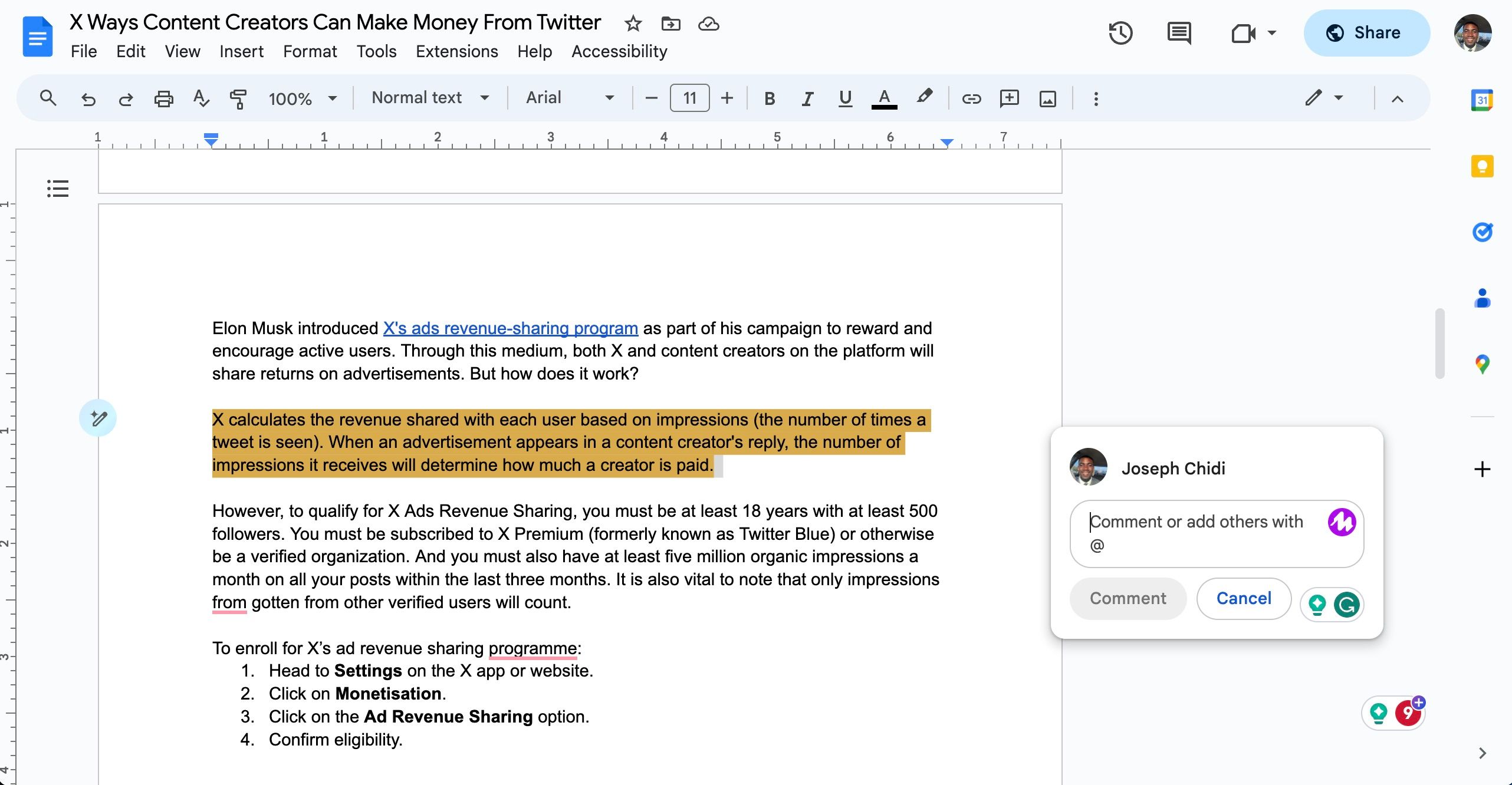 Добавление голосового комментария через Mote в Google Docs