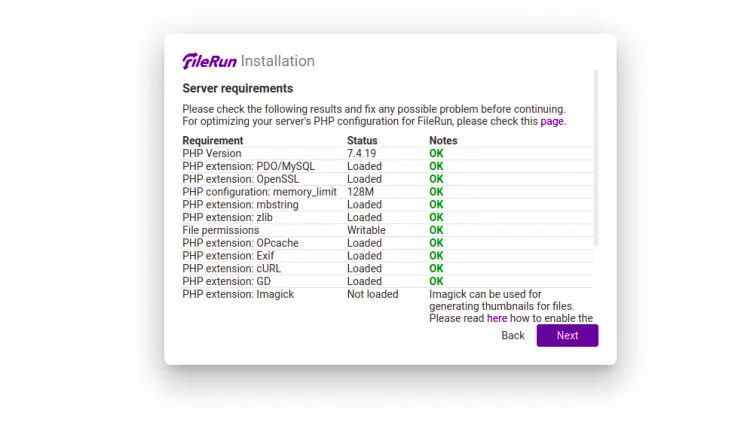 Проверка системных требований FileRun
