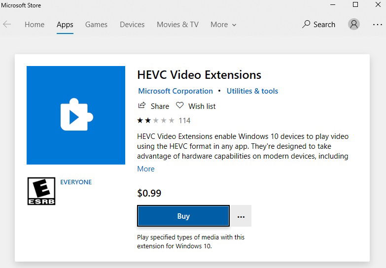 Установка расширения HEVC из Microsoft Store