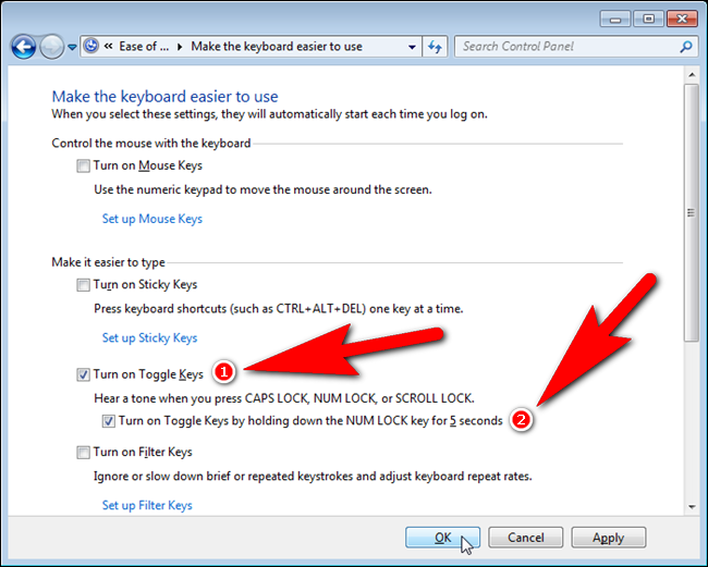 Включение Toggle Keys в Windows 7