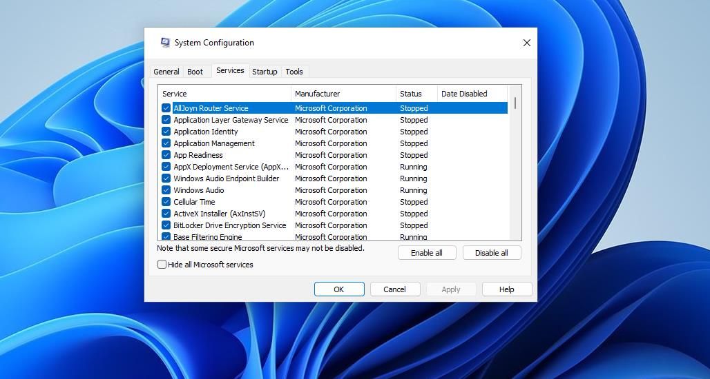 Вкладка Службы в MSConfig