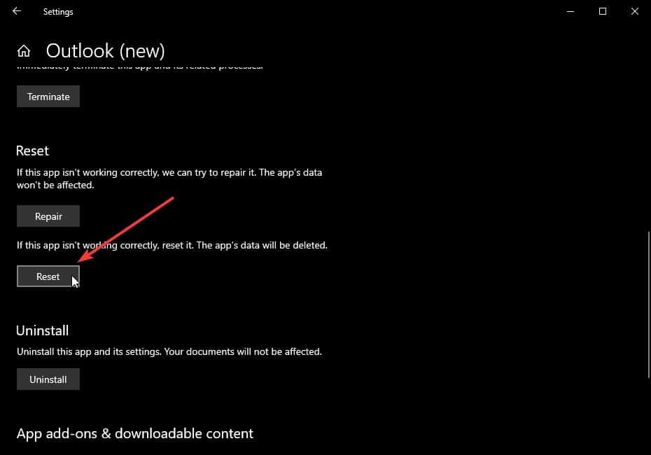 Conferma reset app Outlook che elimina i dati locali