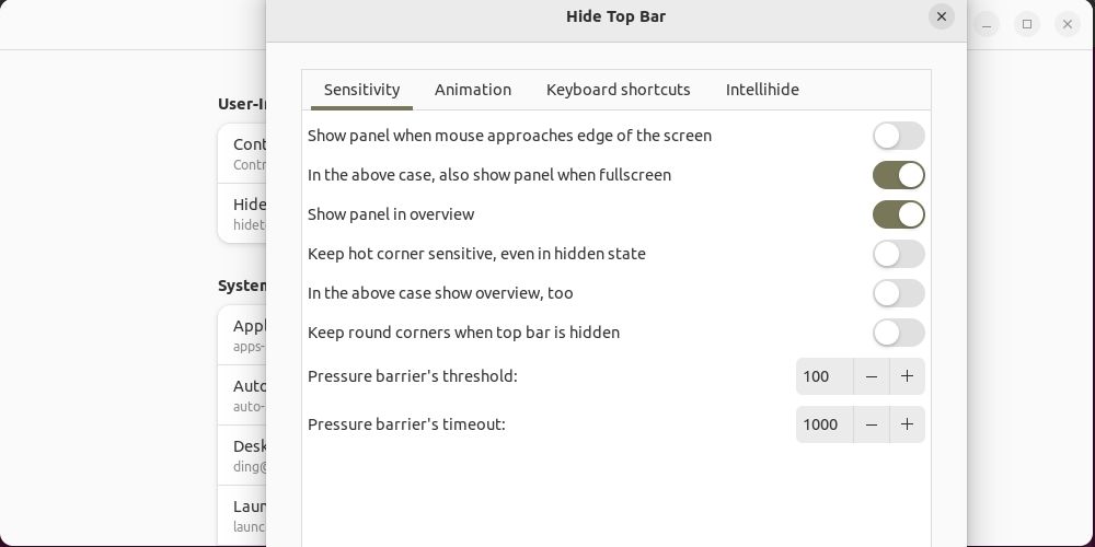 Конфигурация параметров расширения Hide Top Bar в Ubuntu