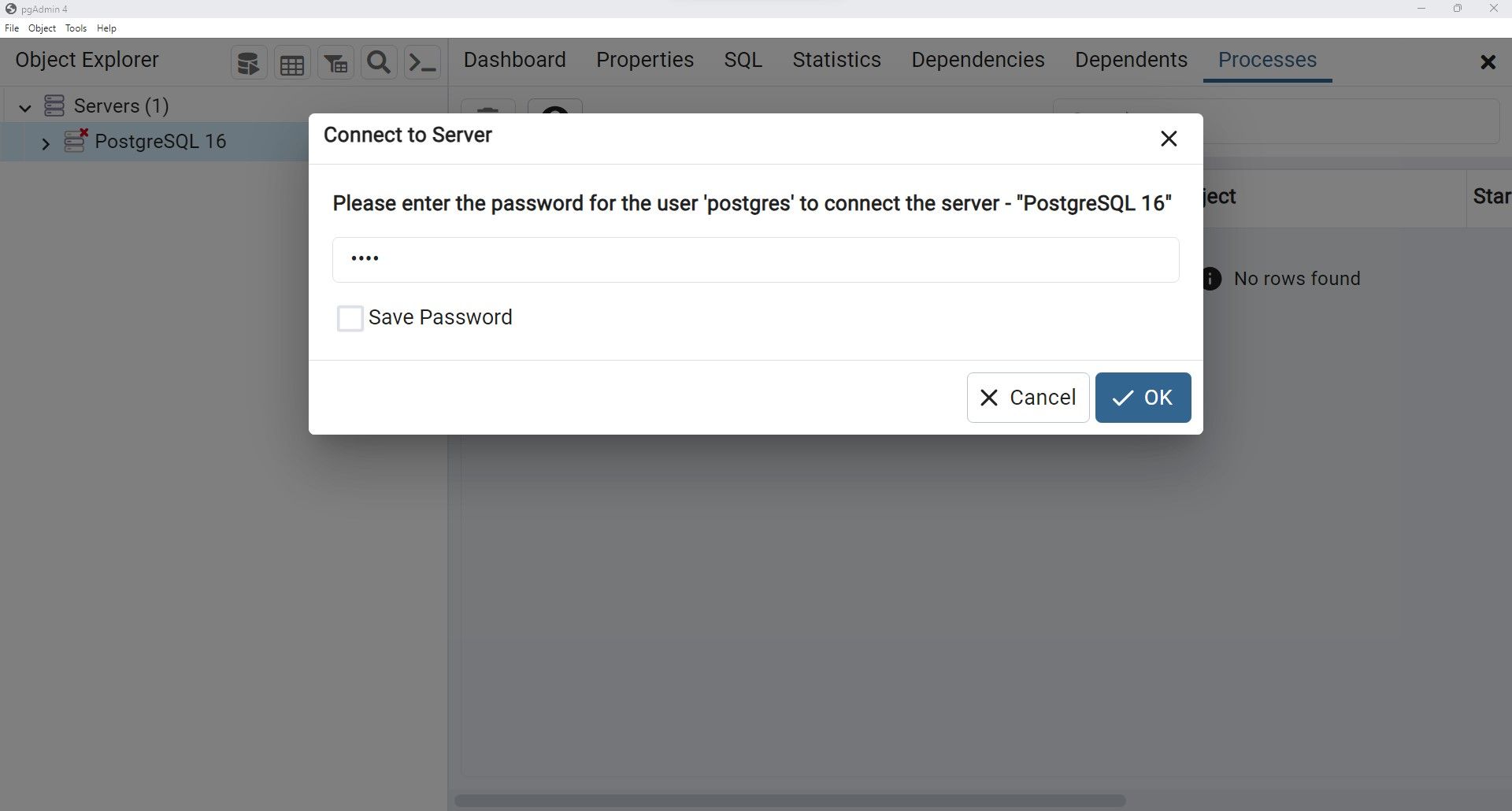 Подсказка ввода пароля для подключения к серверу Postgres