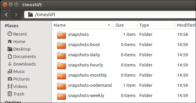 Директория timeshift с подпапками снимков