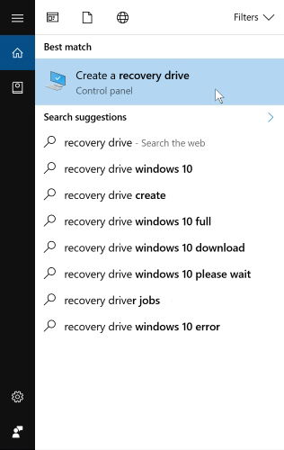 Seleção da opção de criar unidade de recuperação no Windows 10
