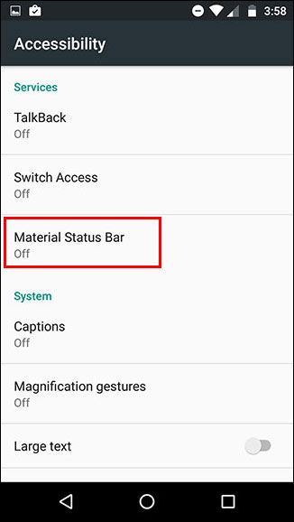 Экран подтверждения разрешения специальных возможностей для Material Status Bar