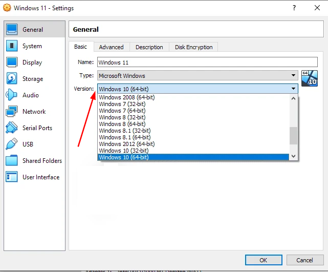 Выпадающее меню выбора версии гостевой ОС