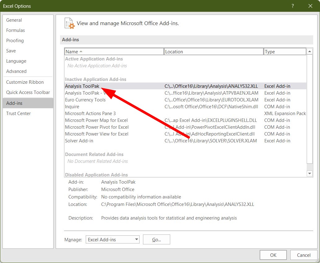 Выбор Analysis ToolPak в списке надстроек