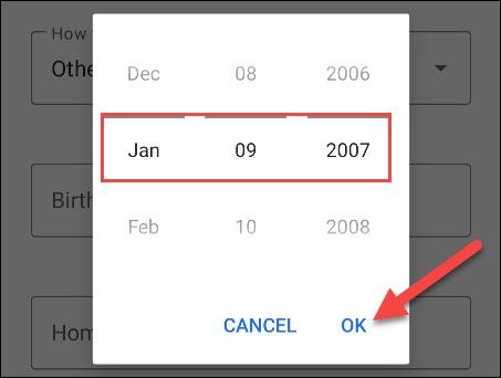 Добавьте дату рождения и нажмите OK