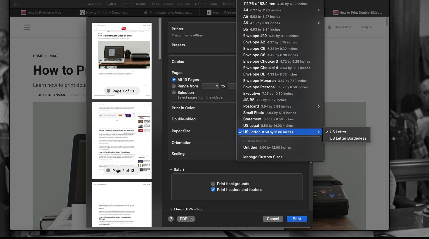 Развёрнутый список размеров бумаги в меню печати macOS