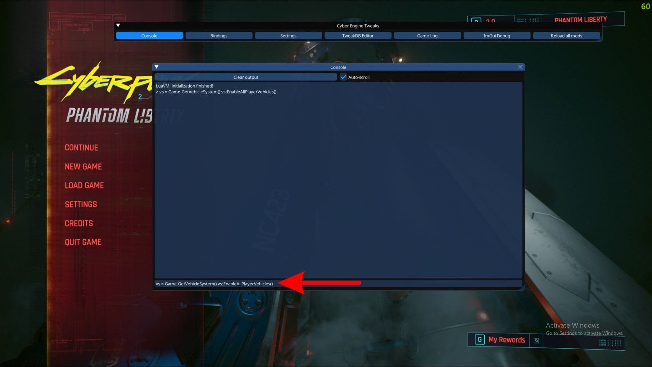 Использование читов через Cyber Engine Tweaks