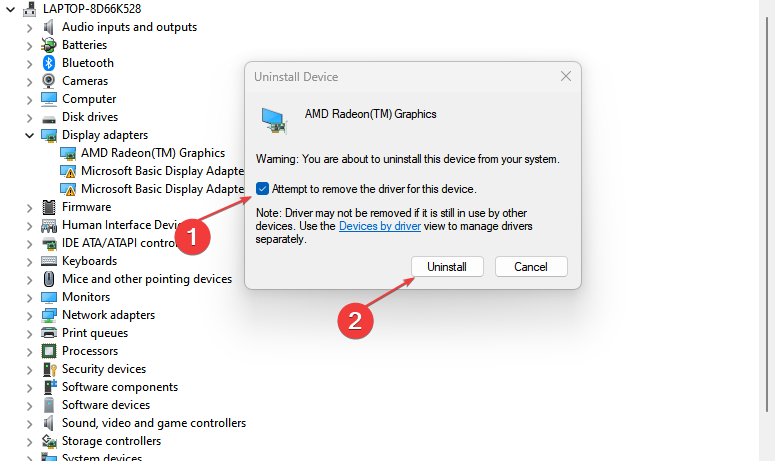 Подтверждение удаления драйвера в диалоге Удалить устройство