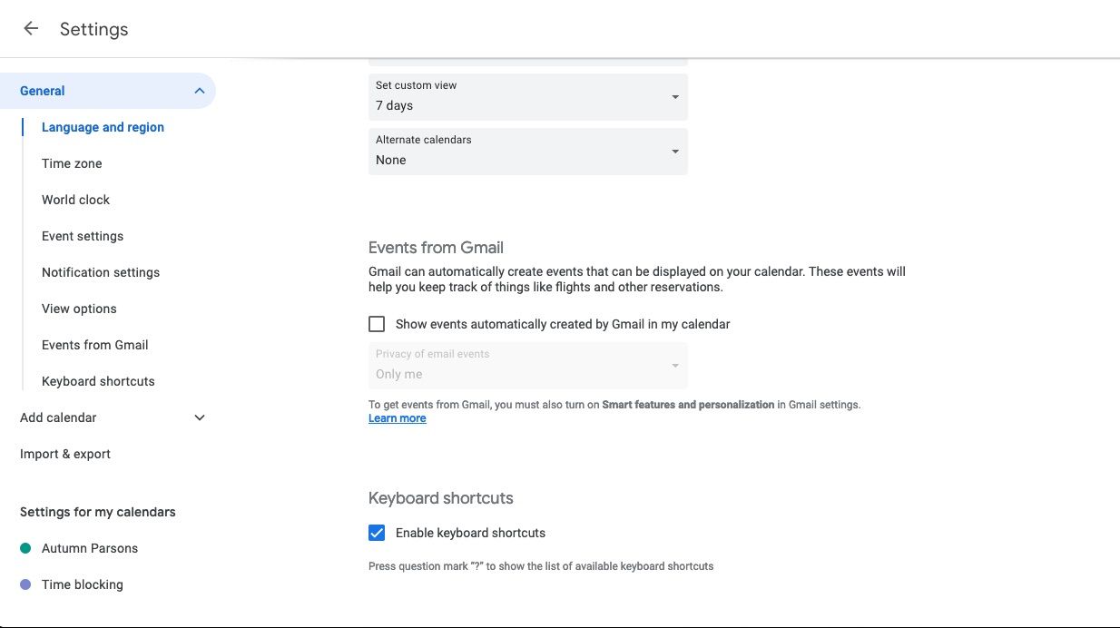 Панель настроек Google Календаря с опциями событий