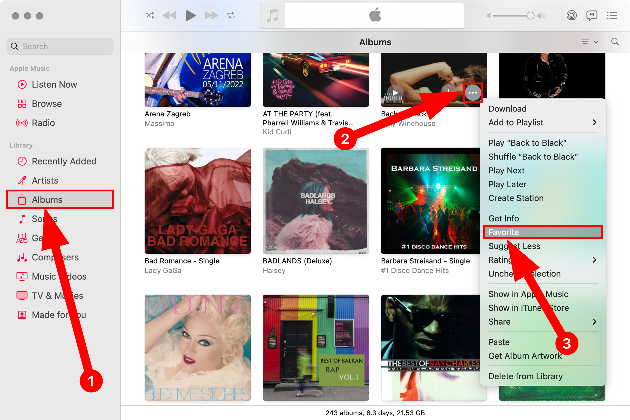 Отмечается альбом как избранный в Музыке на Mac через меню многоточия.