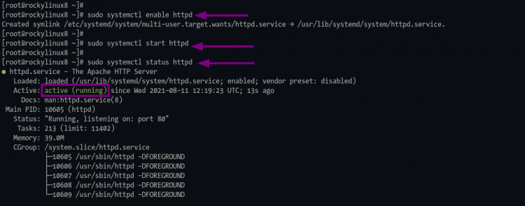Старт, включение и проверка httpd