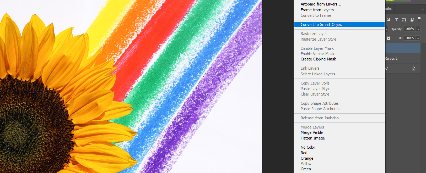 Преобразование слоя в смарт‑объект для цветокоррекции цветка