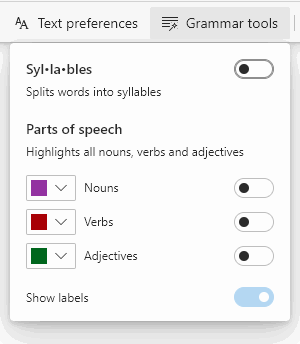 Изображение: параметры грамматики с опциями разбивки на слоги и подсветки частей речи