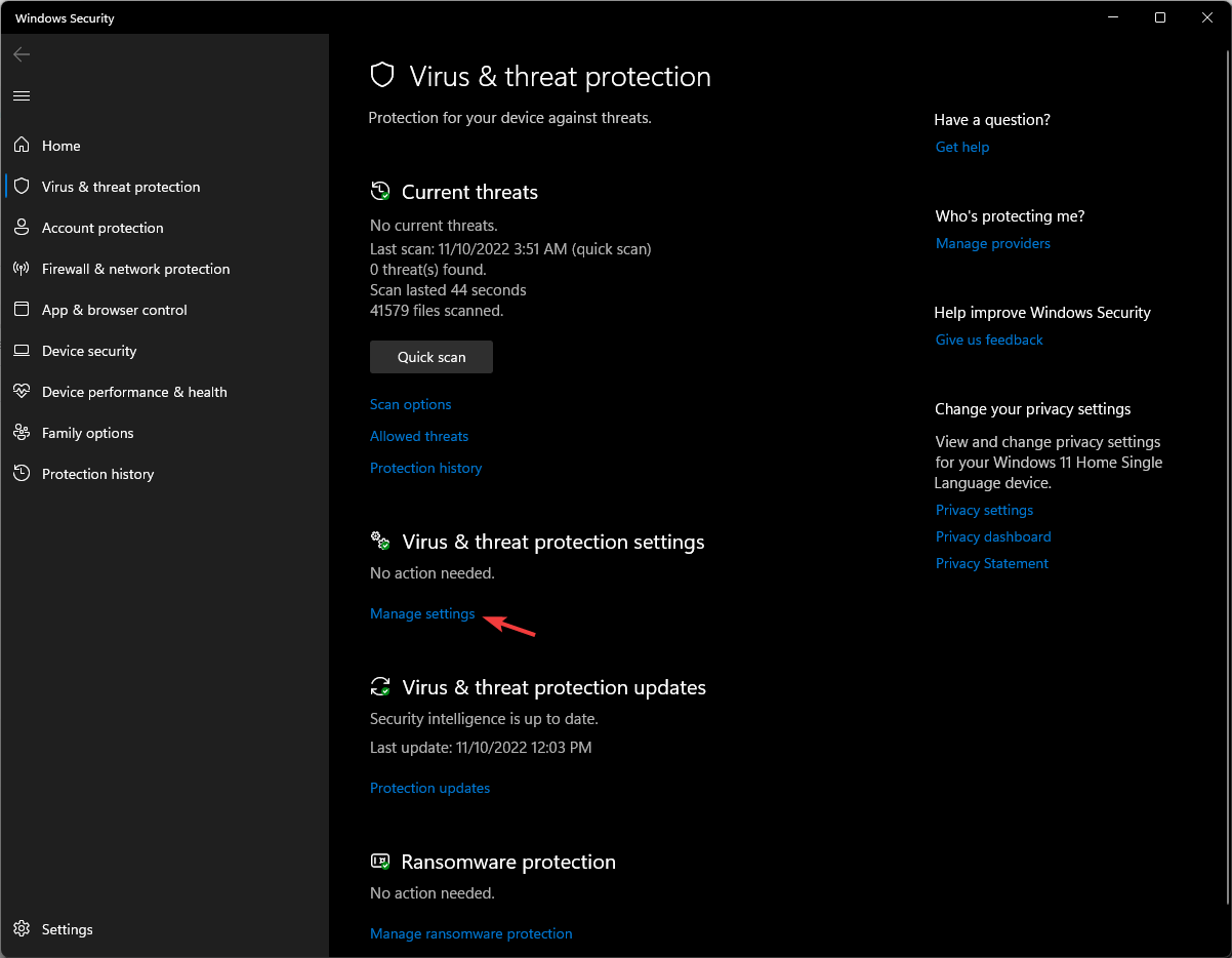 Параметры защиты от вирусов и угроз