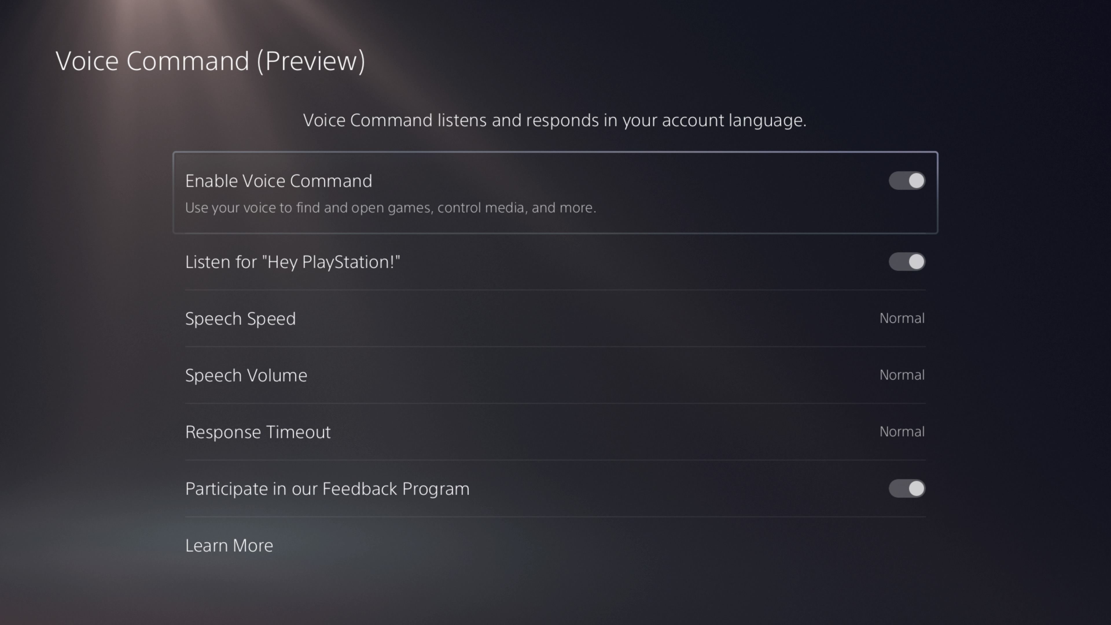 Меню Voice Command на PS5