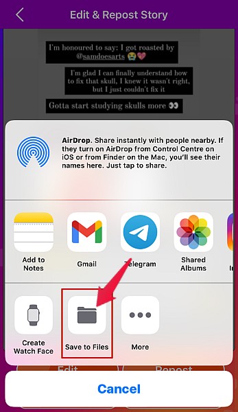 Опция сохранить в Файлы на iOS