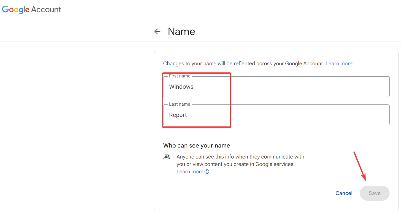 Поля имя и фамилия в аккаунте Google