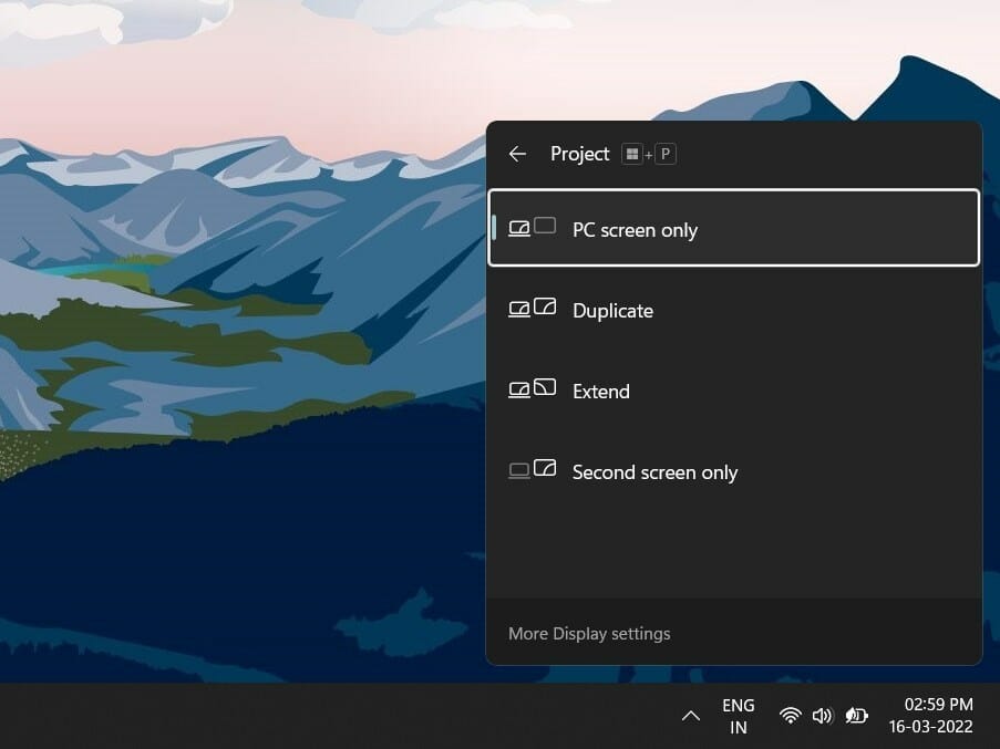 Параметры беспроводного дисплея Win+P