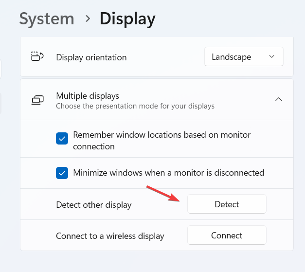 Кнопка «Обнаружить» в параметрах экрана