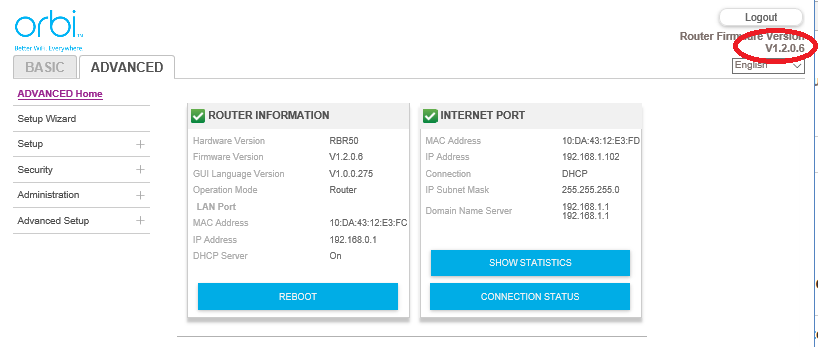 Скриншот страницы Advanced в интерфейсе Orbi с меню Administration