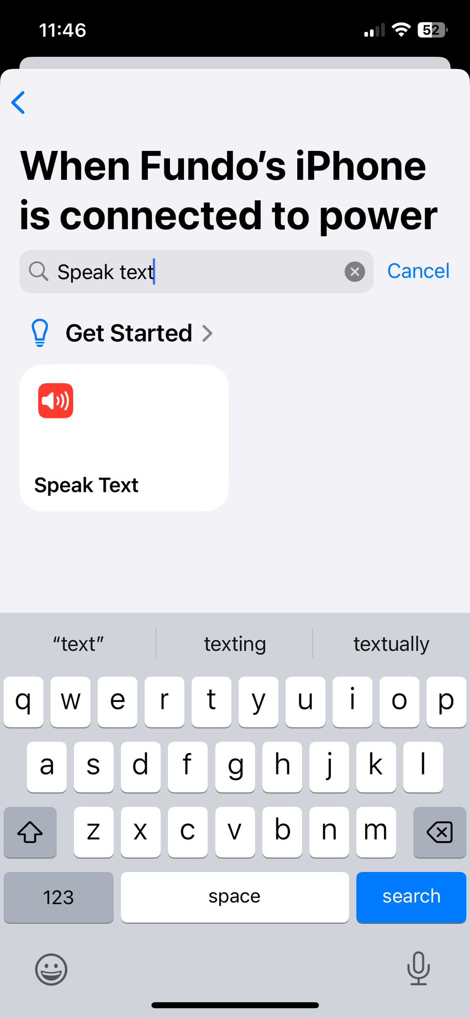 Действие Speak Text в приложении «Быстрые команды» на iPhone