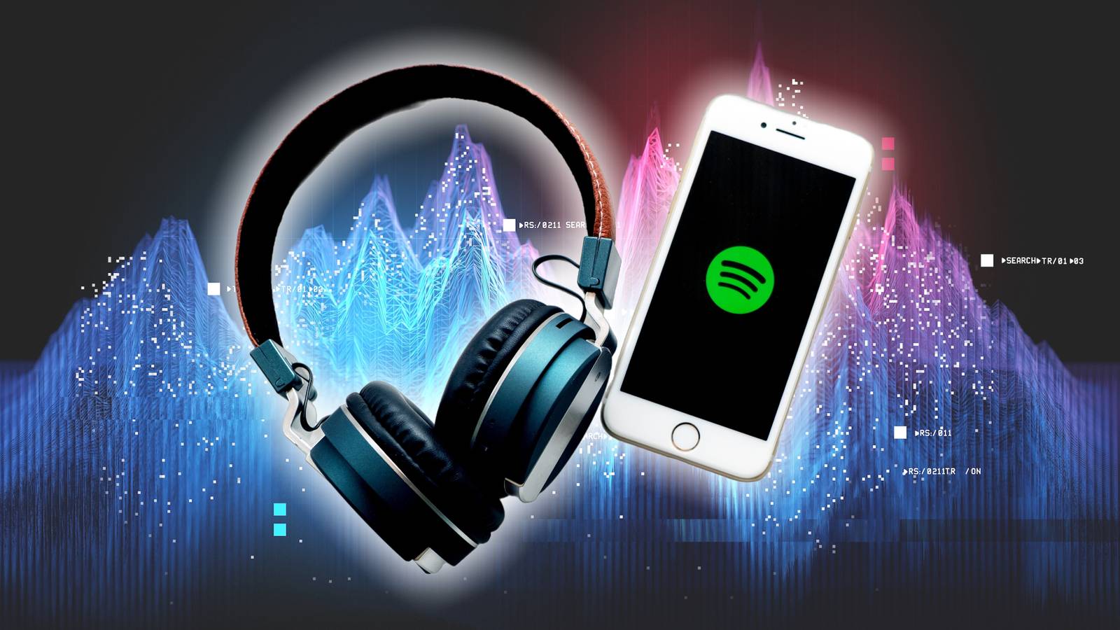 Логотип Spotify на смартфоне с наушниками и визуализатором музыки