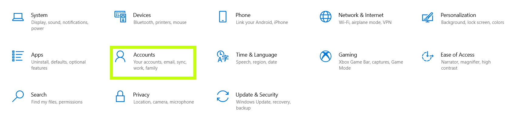 Экран настроек Windows, выделена секция Учетные записи