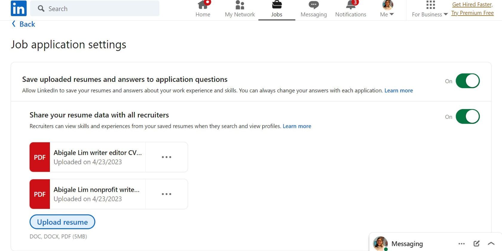 Загрузка резюме в настройках отклика на вакансию LinkedIn
