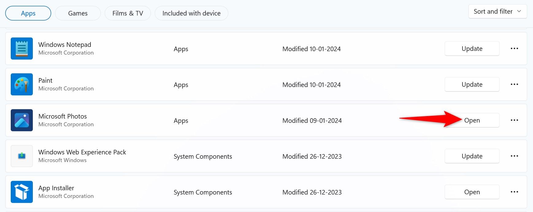 'Кнопка «Открыть» для Microsoft Photos в Microsoft Store выделена.