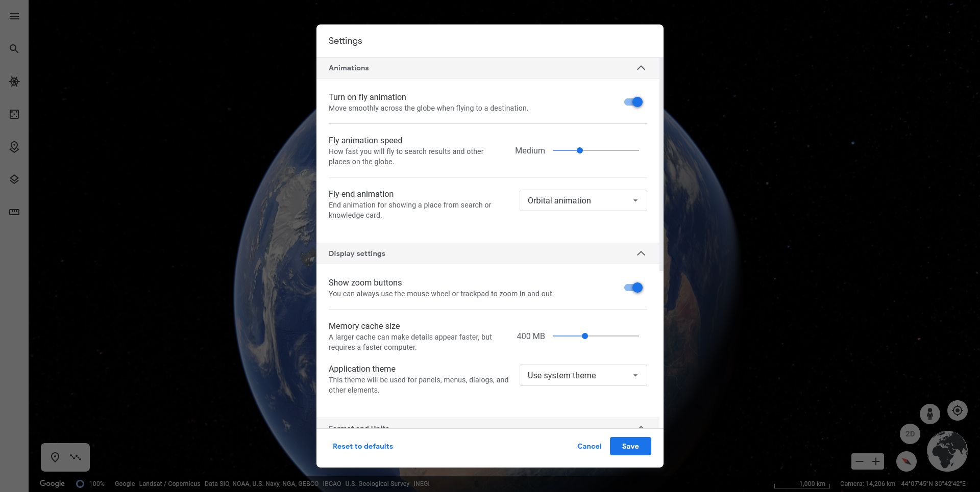 Настройки Google Earth — меню параметров
