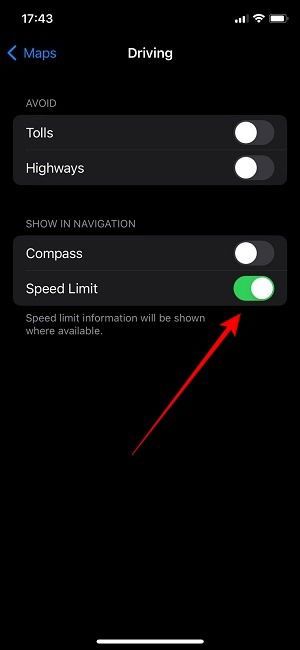 Показ ограничения скорости в Apple Maps