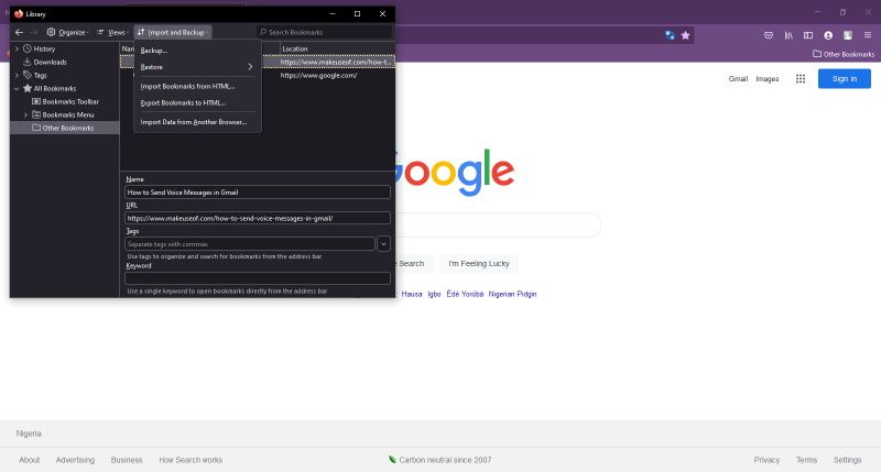 Выпадающее меню Импорт и резервные копии в Firefox