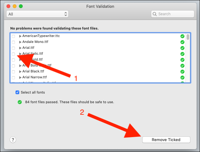 Выбран повреждённый шрифт и кнопка «Remove Ticked»