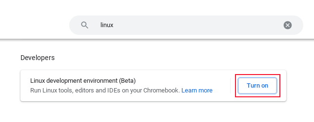 Параметр включения среды разработки Linux на Chromebook