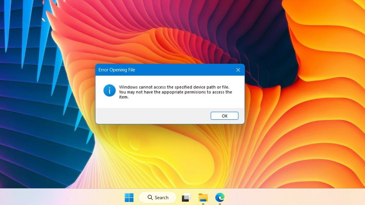 Окно ошибки: Windows не может получить доступ к указанному устройству, пути или файлу на рабочем столе Windows 11.