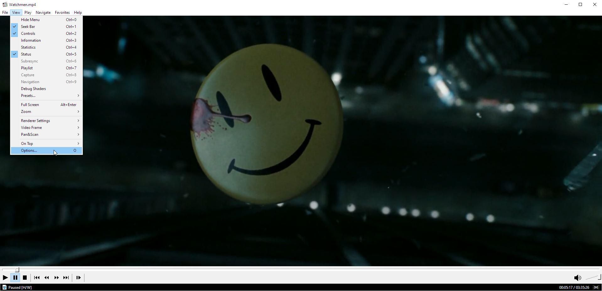 Меню настроек MPC HC