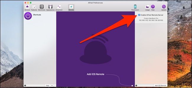 Опция Enable Alfred Remote Server активирована в настройках