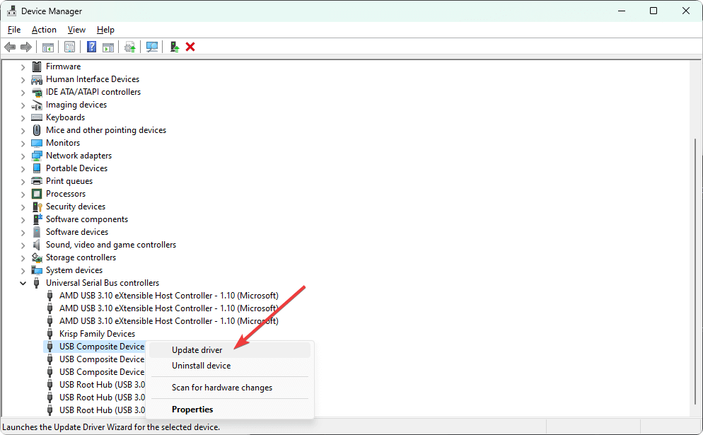 Обновление драйвера USB в Диспетчере устройств