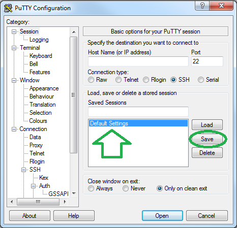 Сохранение Default Settings в PuTTY