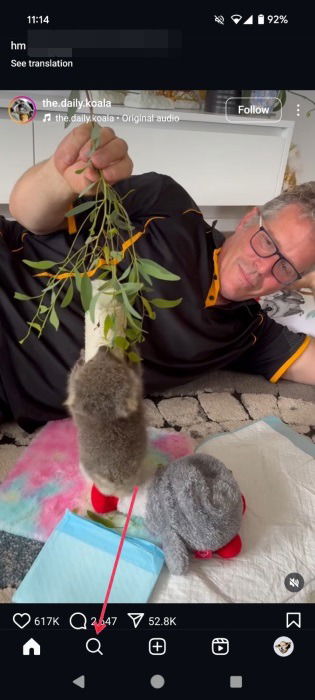 Переход на вкладку «Search» в приложении Instagram