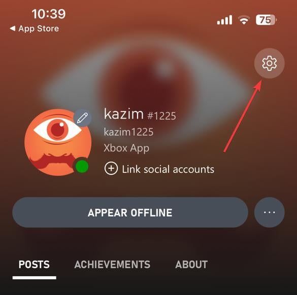 Значок настроек в приложении Xbox