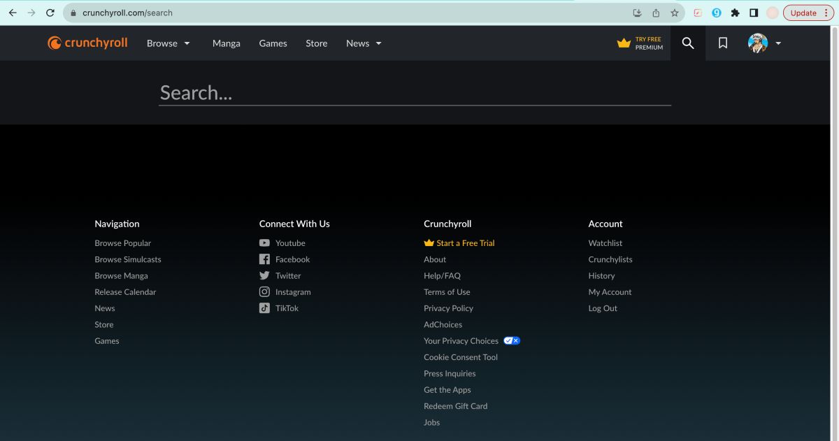 Поле поиска на Crunchyroll